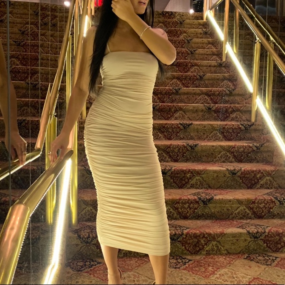 Nude Strappy Mesh Ruched Midaxi Dress
